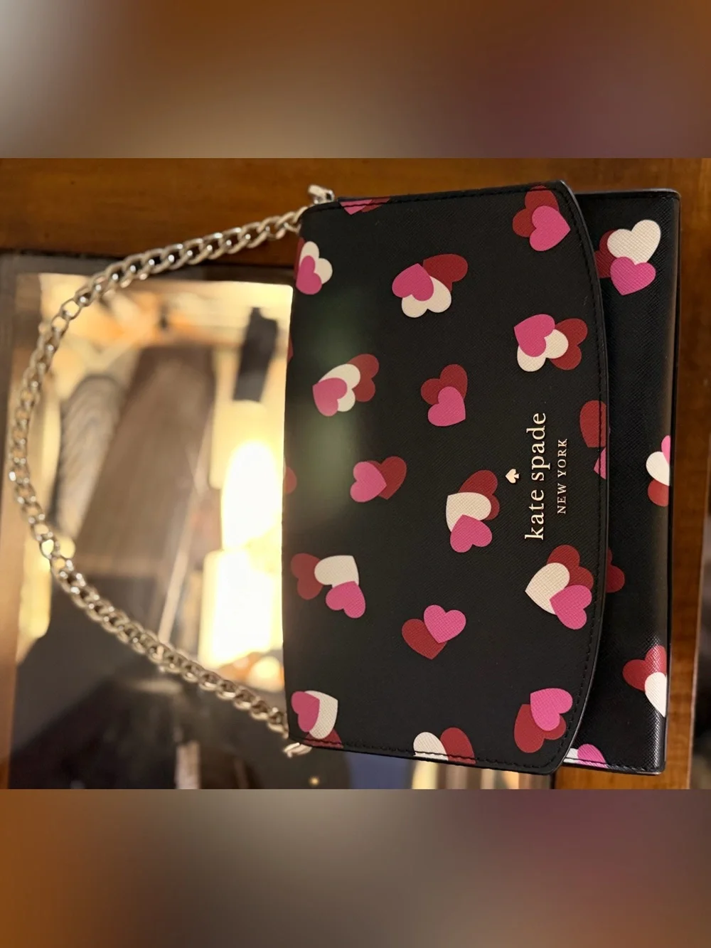 Kate Spade Carson Flutter Hearts Crossbody Silver Chain Leather Purse Feminine